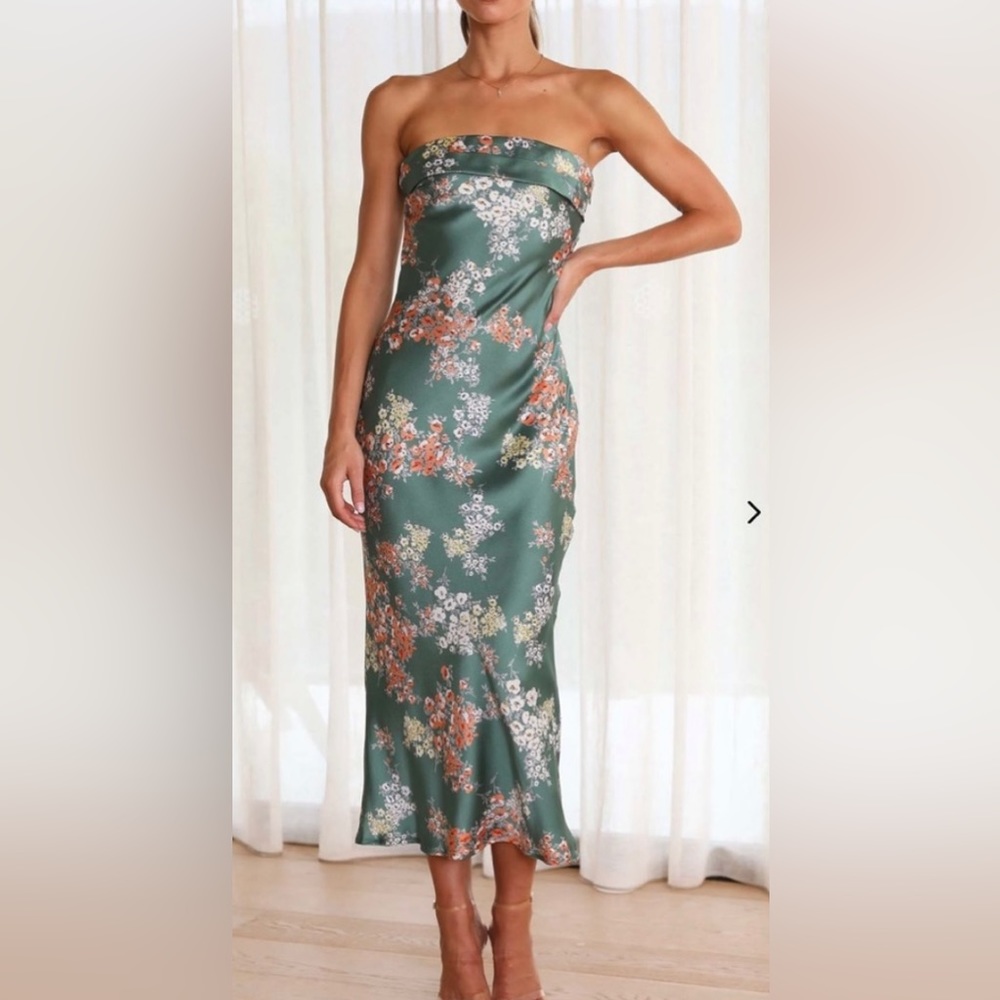 Satin Green Floral Strapless Maxi Dress